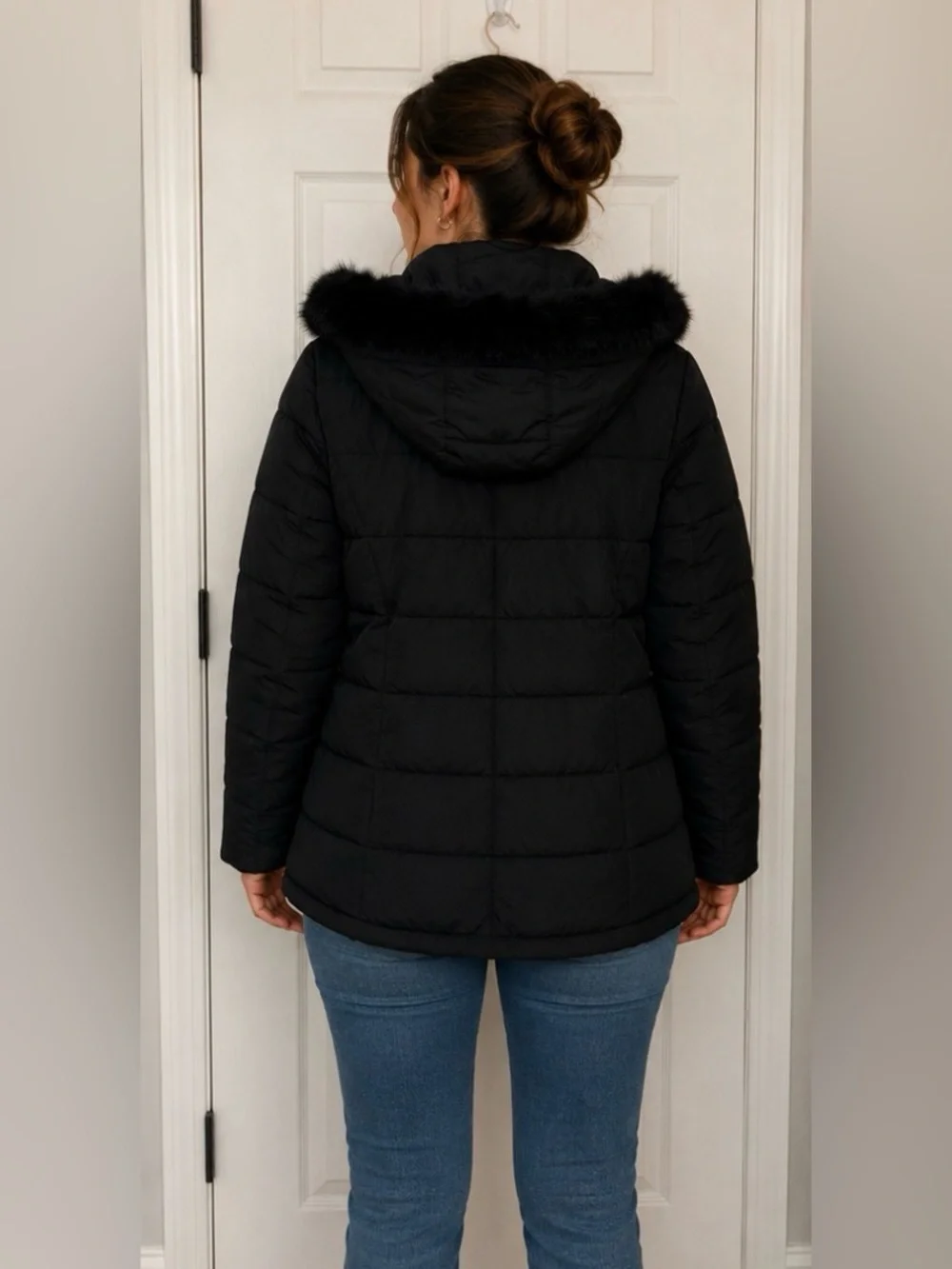 Calvin Klein Black Puffer Jacket Detachable Faux Fur Hood Women’s XXL